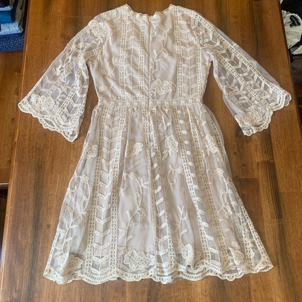 Easel Dress Small Beige Lace Overlay Boho Croquette girl Lined Embroidered - Picture 10 of 12